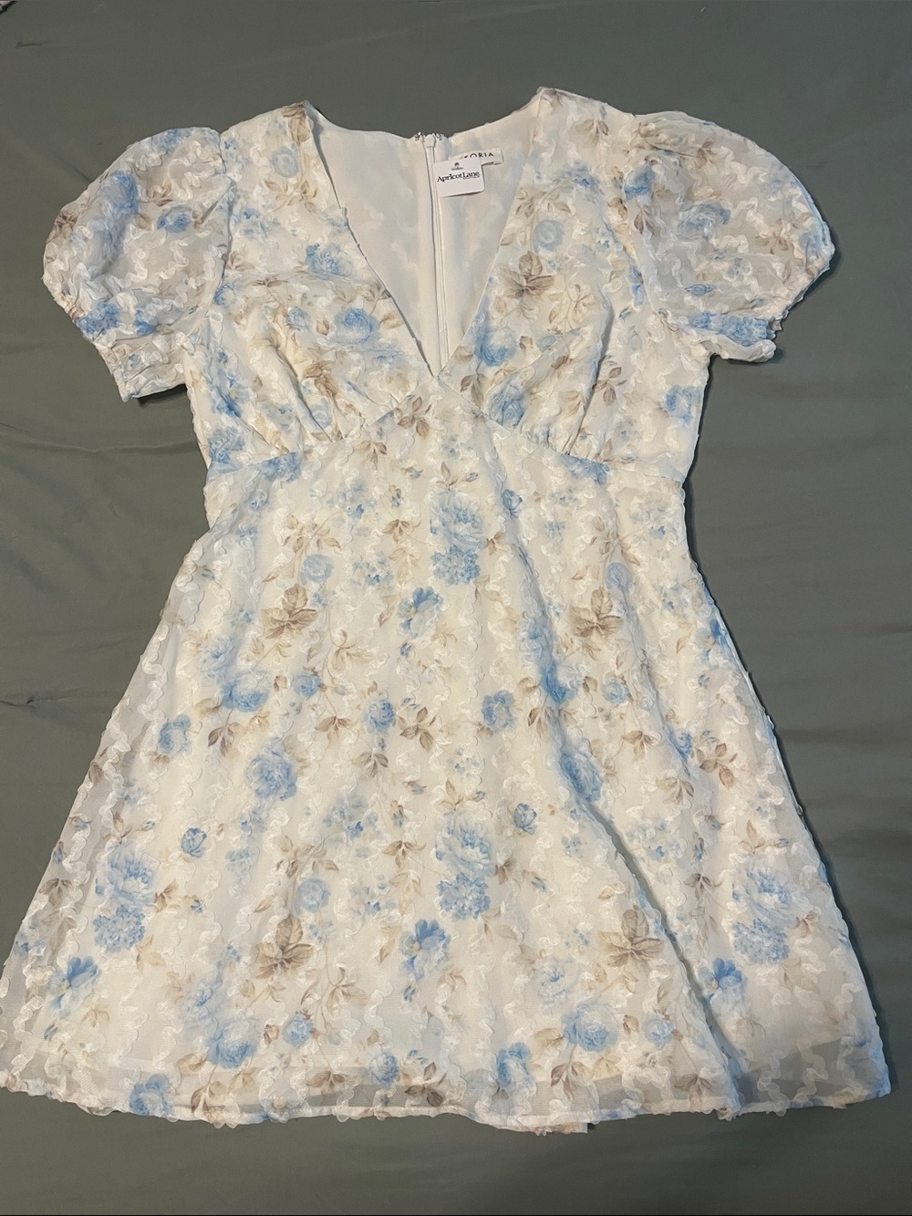Storia White Mini Dress with Blue and Tan Floral Embroidery
